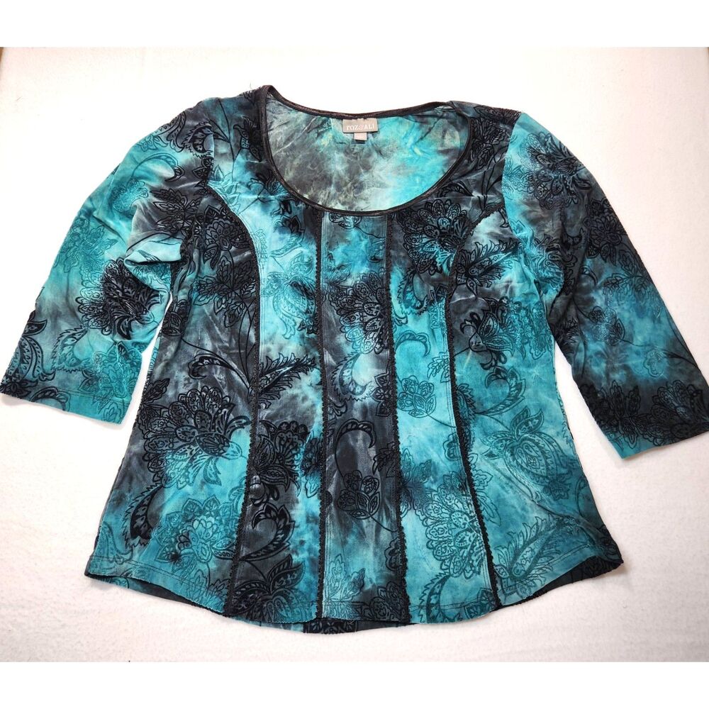 Roz & Ali Blue Flocked Velvet Floral Paisley Top L Textured Tie Dye Artsy Boho